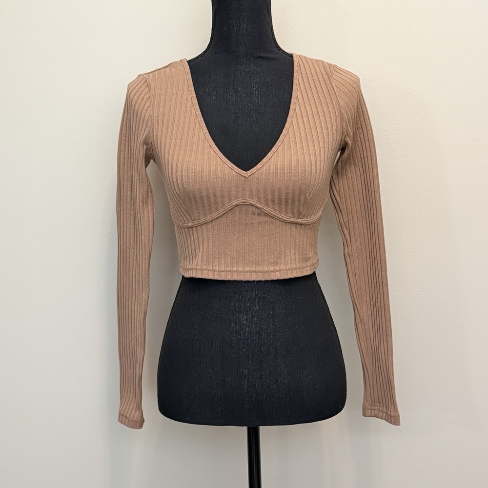 Princess Polly Koda Ribbed V-Neck Crop Top Women 4 Y2K Brown Minimalist Feminine